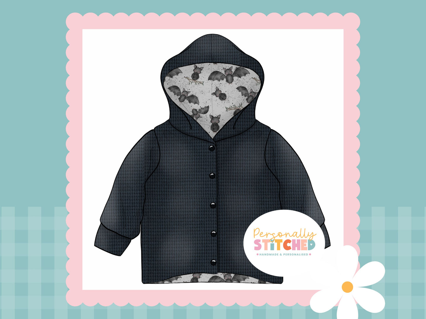 Bat Splats Print & Dark Grey Waffle Knit Hooded Cardigan