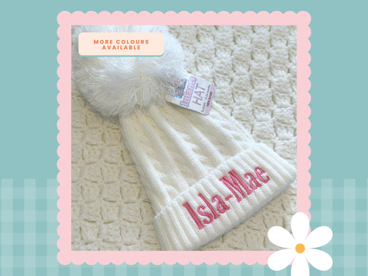 Personalised Cable Knit Hat with Pom Pom | Embroidered