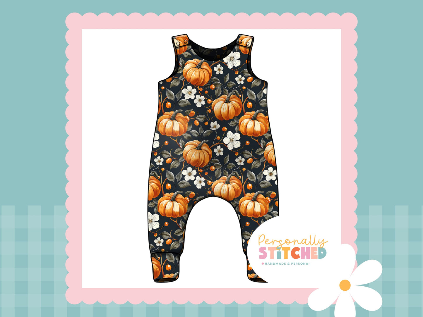 Pumpkin & Flowers Print French Terry Romper (Handmade To Order)