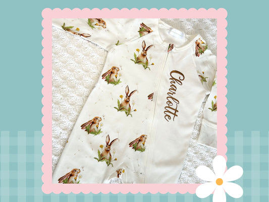 Personalised Hare and the dandelion romper | Embroidered