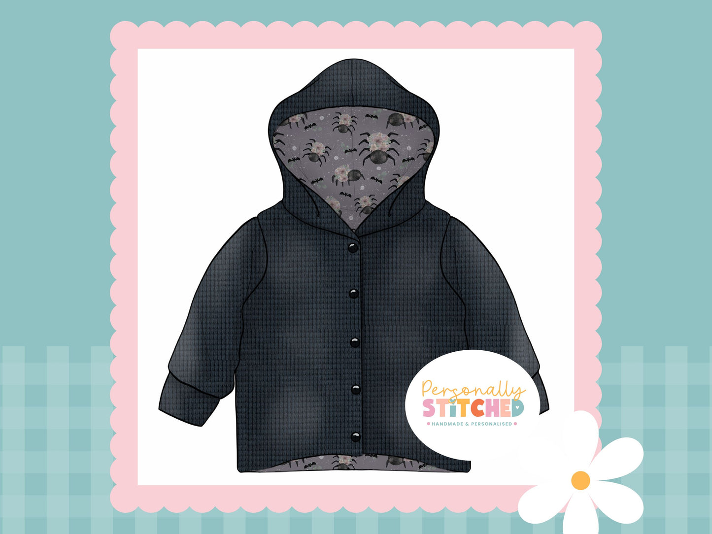 Floral Spiders Print & Waffle Knit Hooded Cardigan