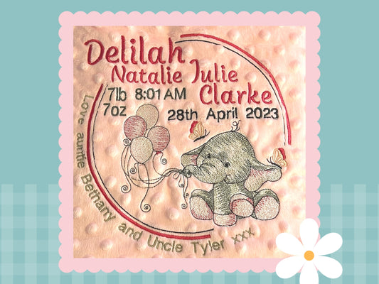 Birth Details Keepsake Blanket | Elle The Elephant | Embroidered