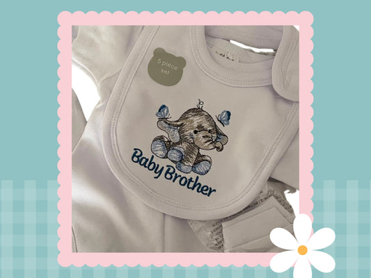 5 Piece Personalised Layette Set | Elle The Elephant Design | Embroidered