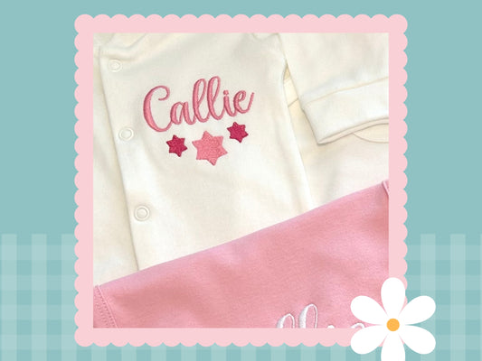 Personalised Pink & White Baby Gift Set | Embroidered