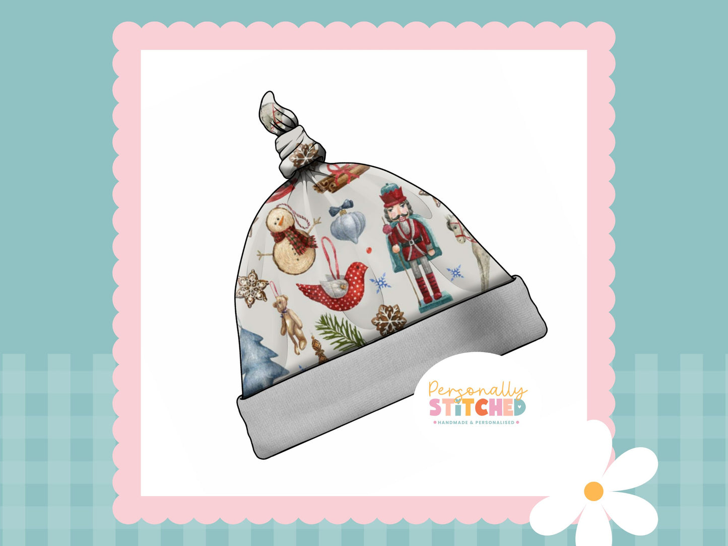 Winter Treasures Print Handmade Tie Knot Baby Hat