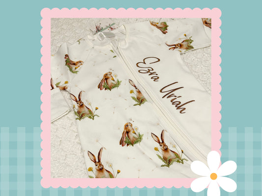 Personalised Hare and the dandelion romper | Embroidered