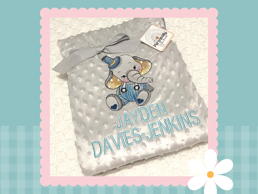 Personalised Dimple Fleece Blanket | Boy Elephant | Embroidered