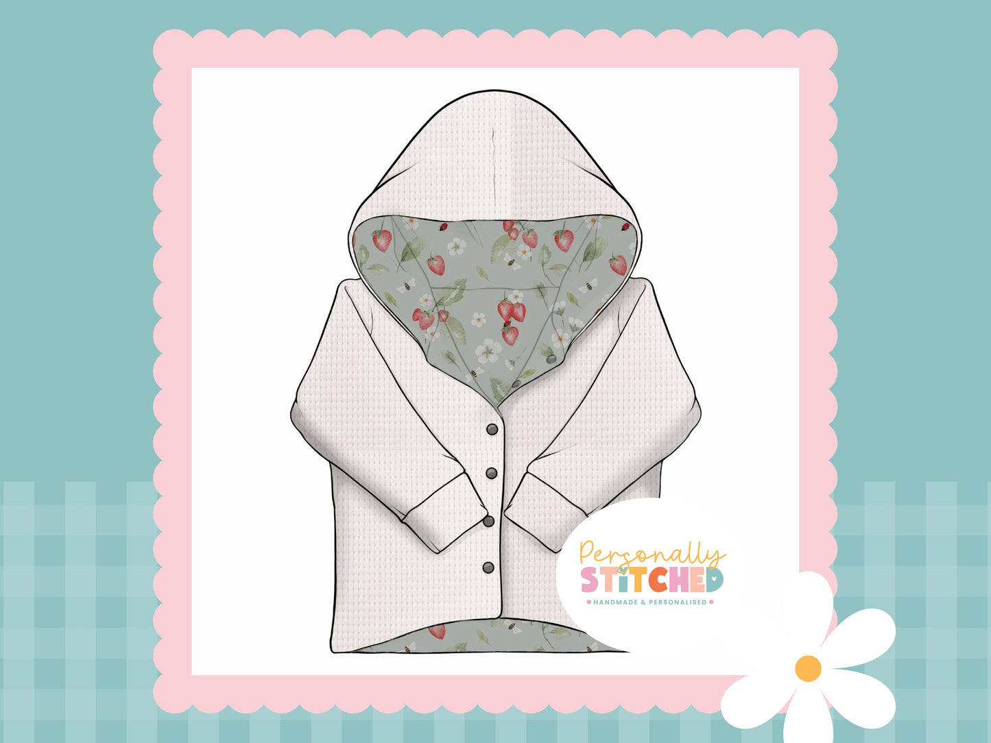 Strawberry Meadow Print & White Waffle Knit Hooded Cardigan