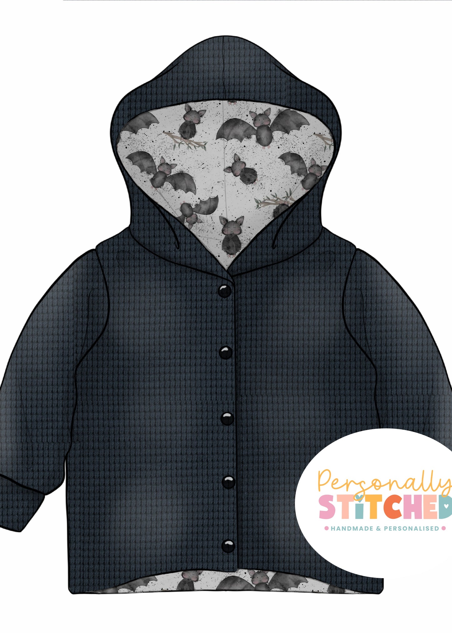 Bat Splats Print & Dark Grey Waffle Knit Hooded Cardigan