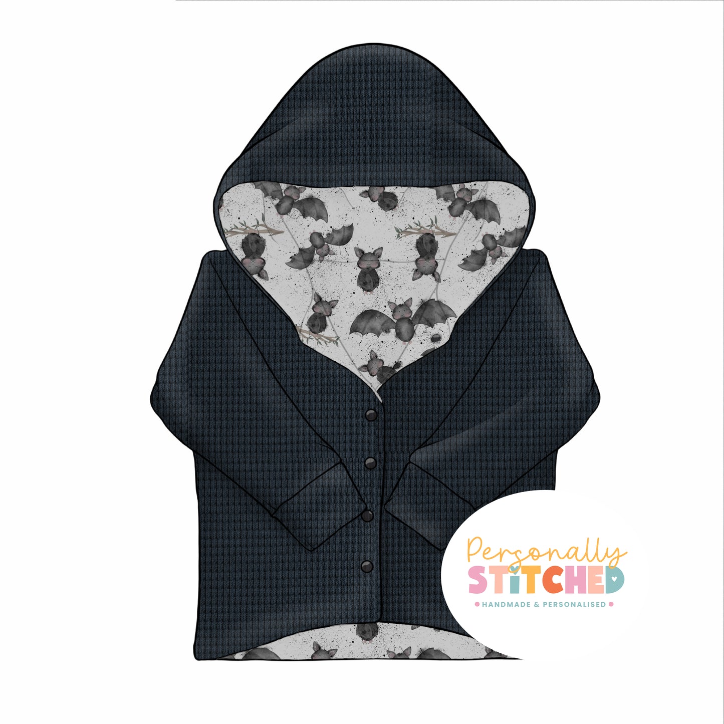 Bat Splats Print & Dark Grey Waffle Knit Hooded Cardigan