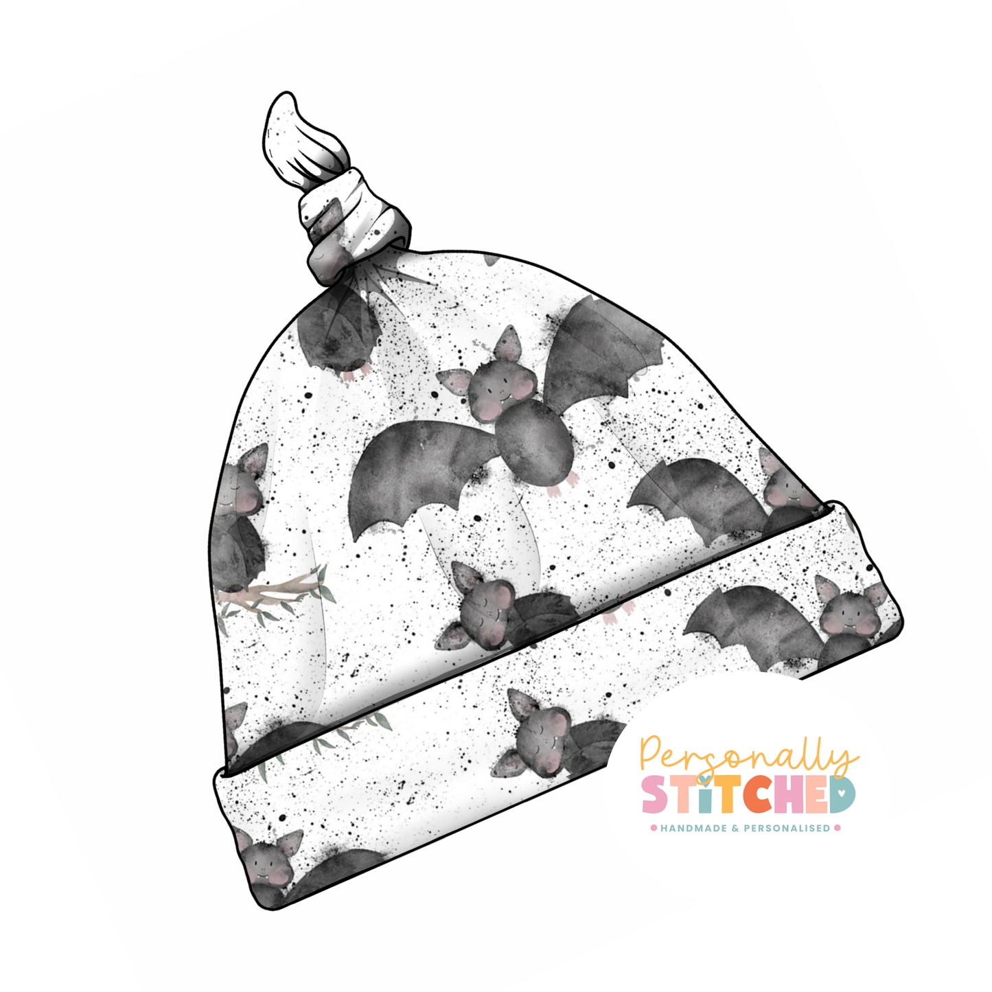 Bats Splats Print Handmade Tie Knot Baby Hat