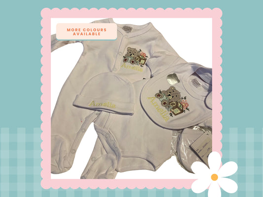 5 Piece Personalised Layette Set | Bear Design | Embroidered
