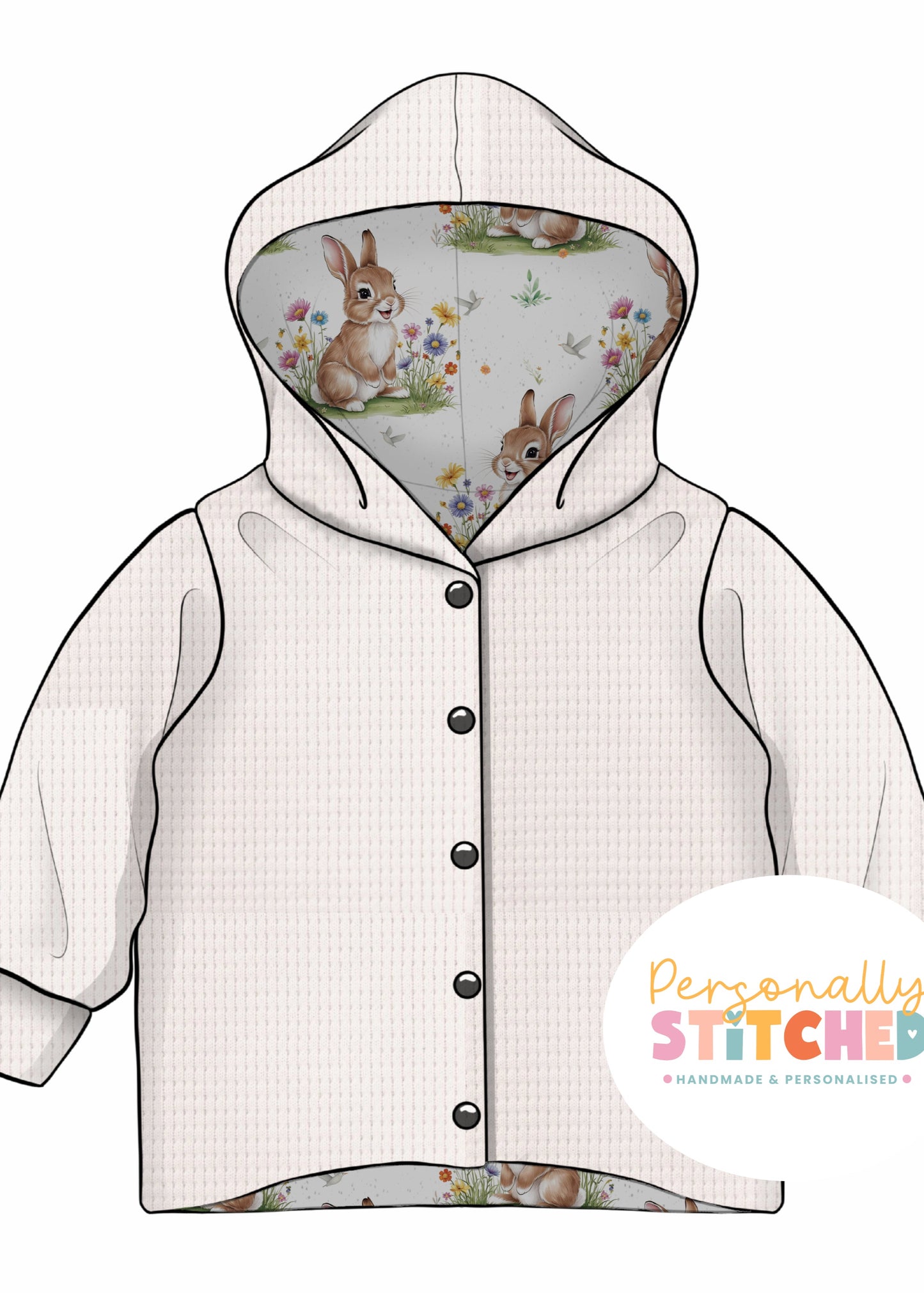 Exclusive Cutie Rabbit Print Waffle Knit Hooded Cardigan