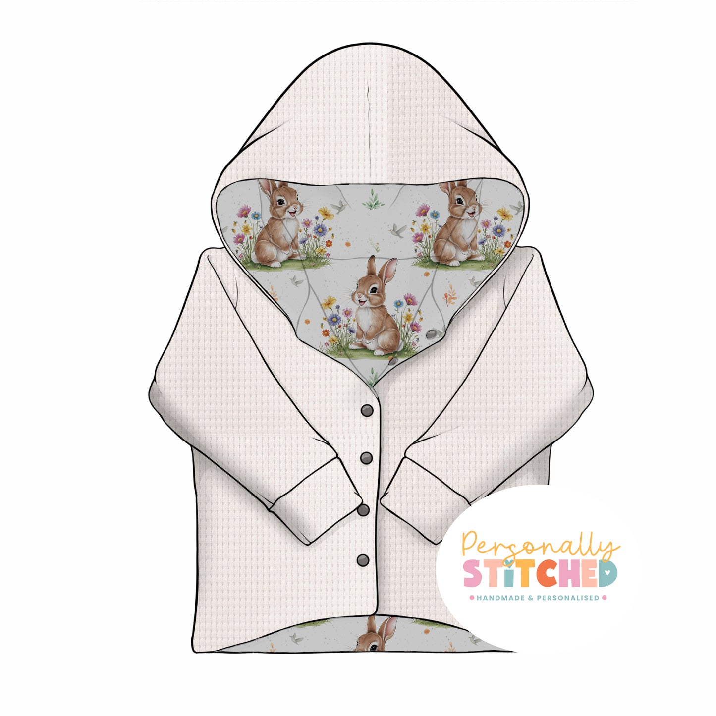 Exclusive Cutie Rabbit Print Waffle Knit Hooded Cardigan