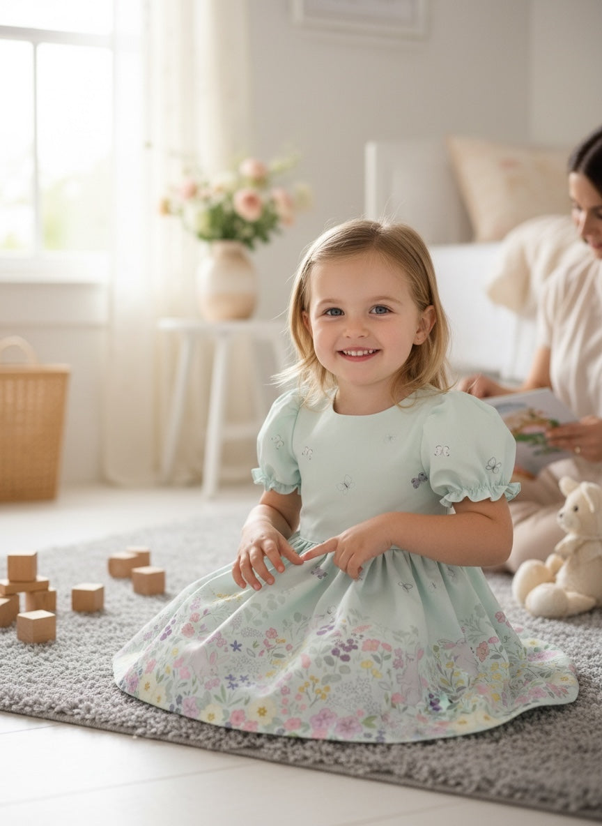 Young girl in a light green dress sitting on the floor with wooden blocks and a teddy bear, smiling.