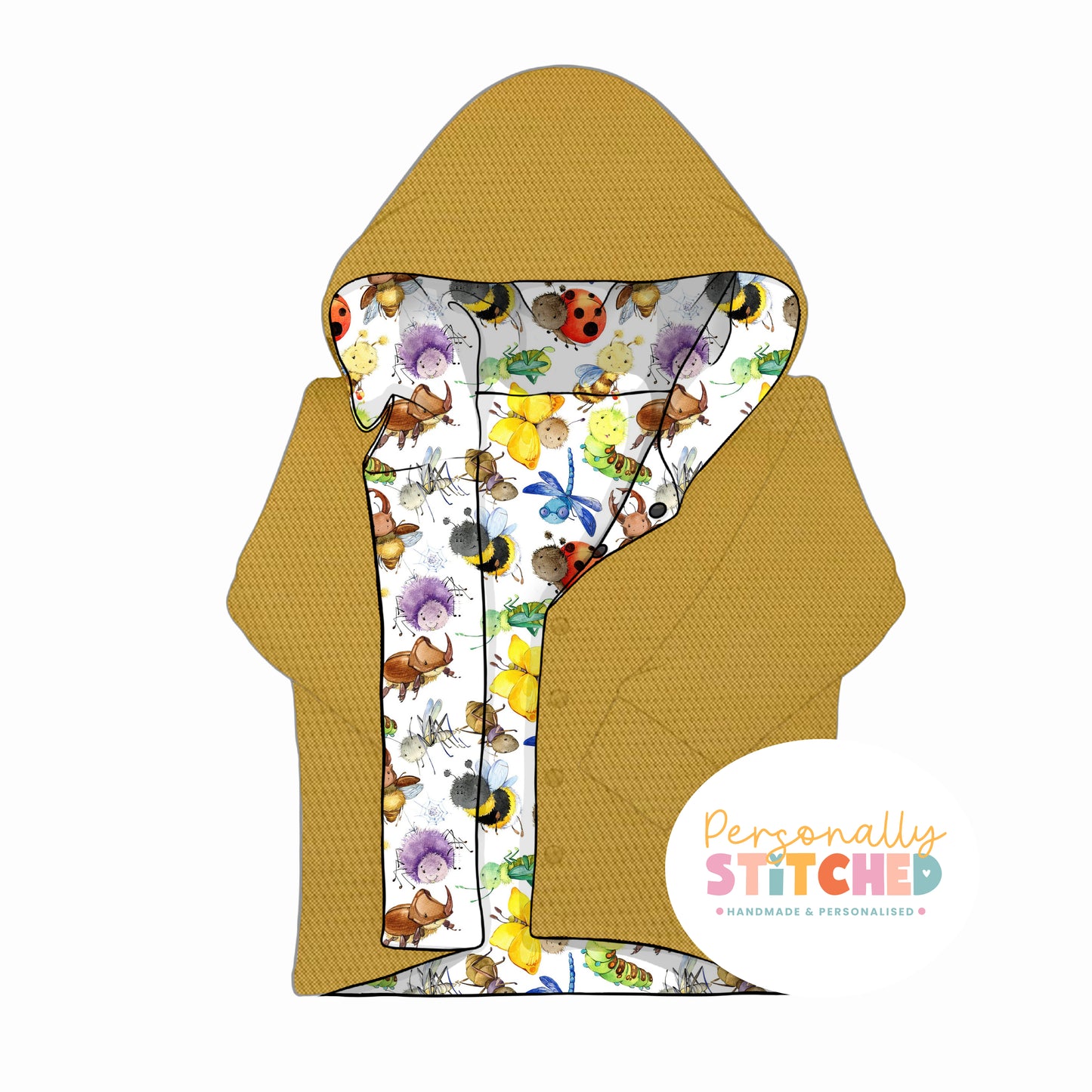 Happy Bugs Print & Yellow Waffle Knit Hooded Cardigan