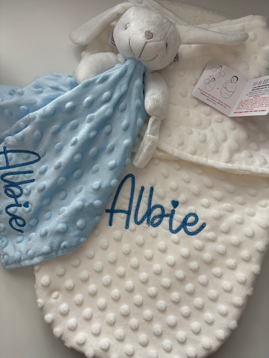 Personalised Dimple Fleece Baby Swaddle & Matching Comforter | New Born Gift Set | Embroidered
