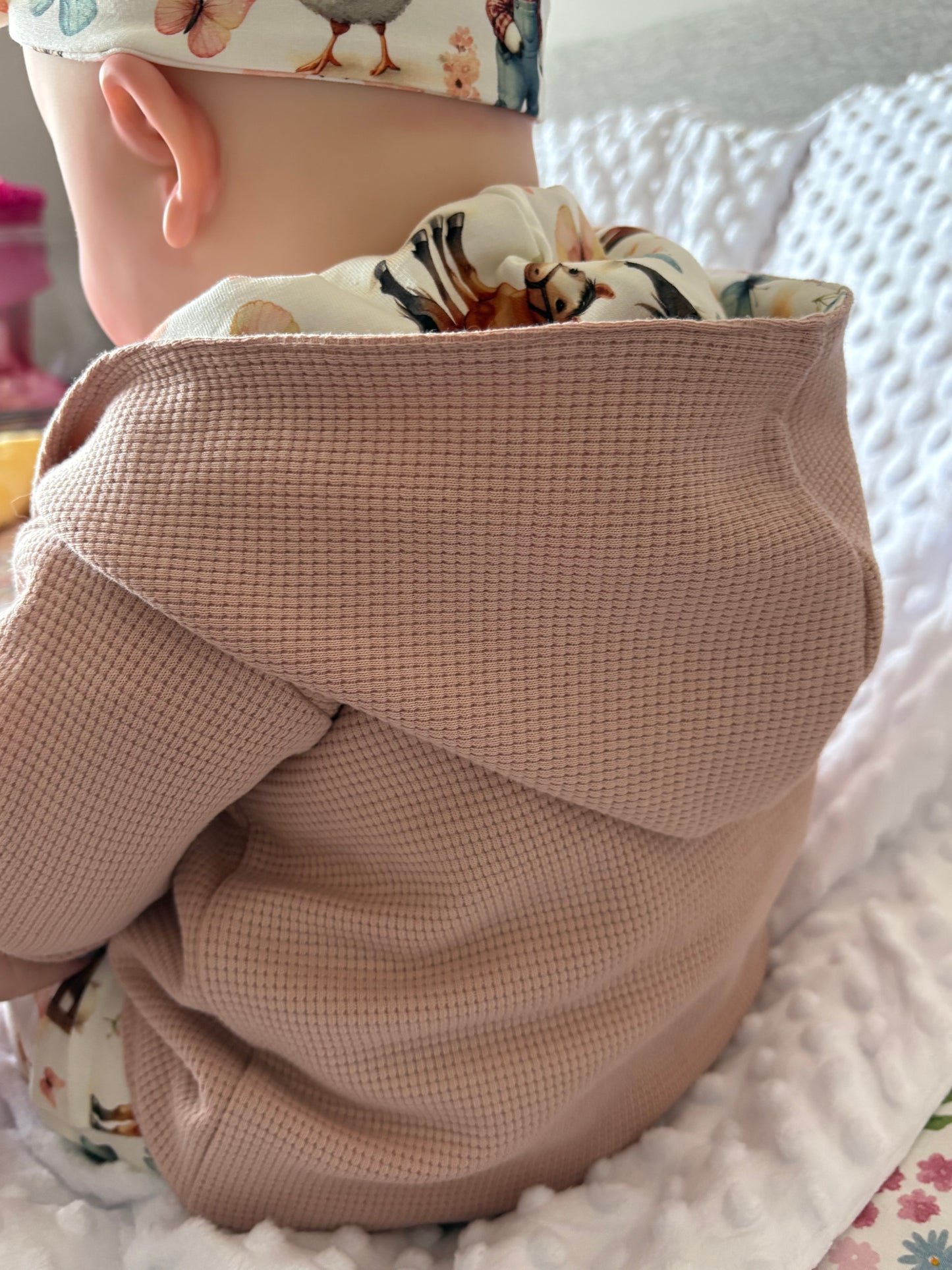 On The Farm Print & Waffle Knit Hooded Cardigan (Handmade To Order)