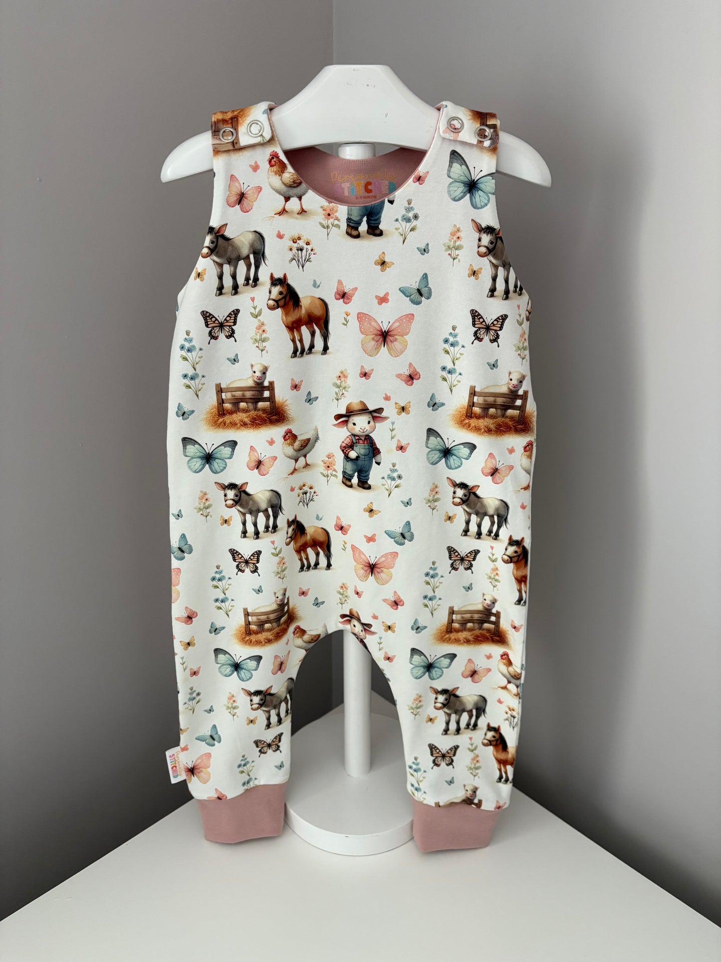 On The Farm Print Organic Cotton Jersey Dungaree Romper