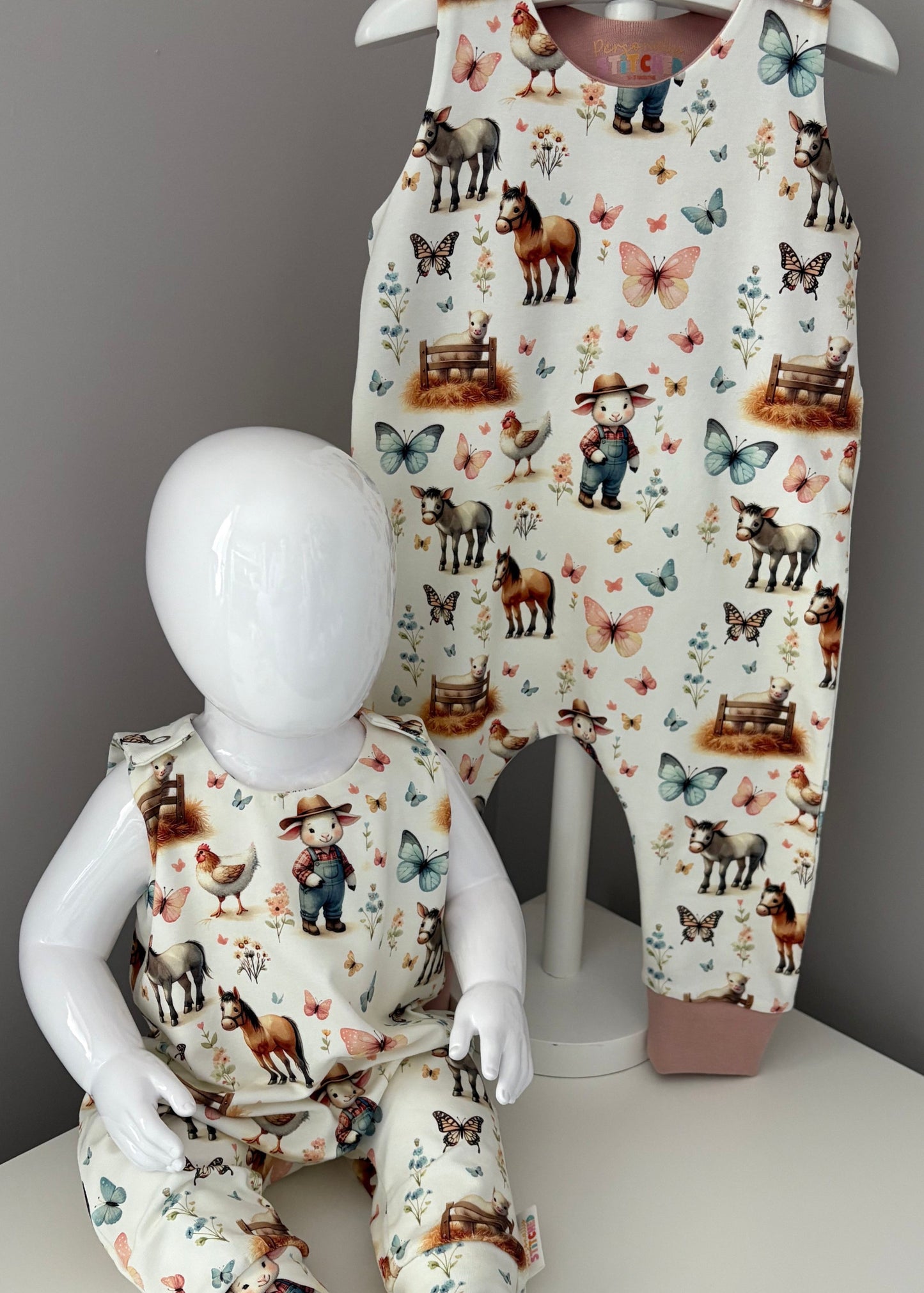 On The Farm Print Organic Cotton Jersey Dungaree Romper