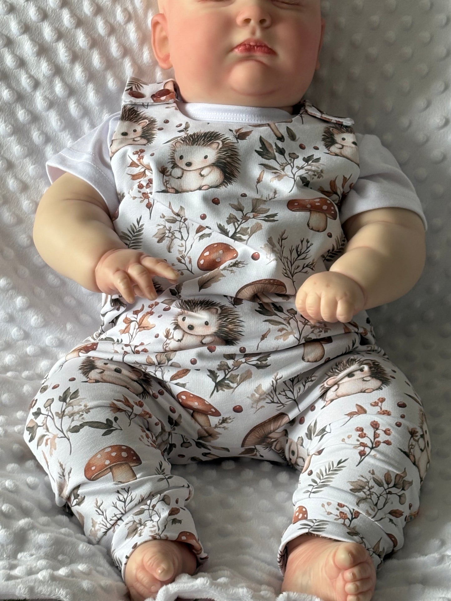Baby dressed in Hedgehog print romper with plain white tshirt under