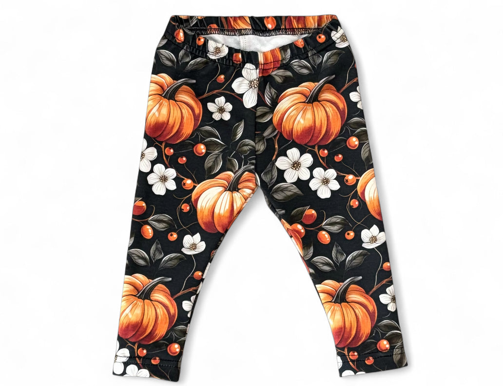 6-9 Months Pumpkin Flowers Print French Terry Classic Leggings (Ready To Post)