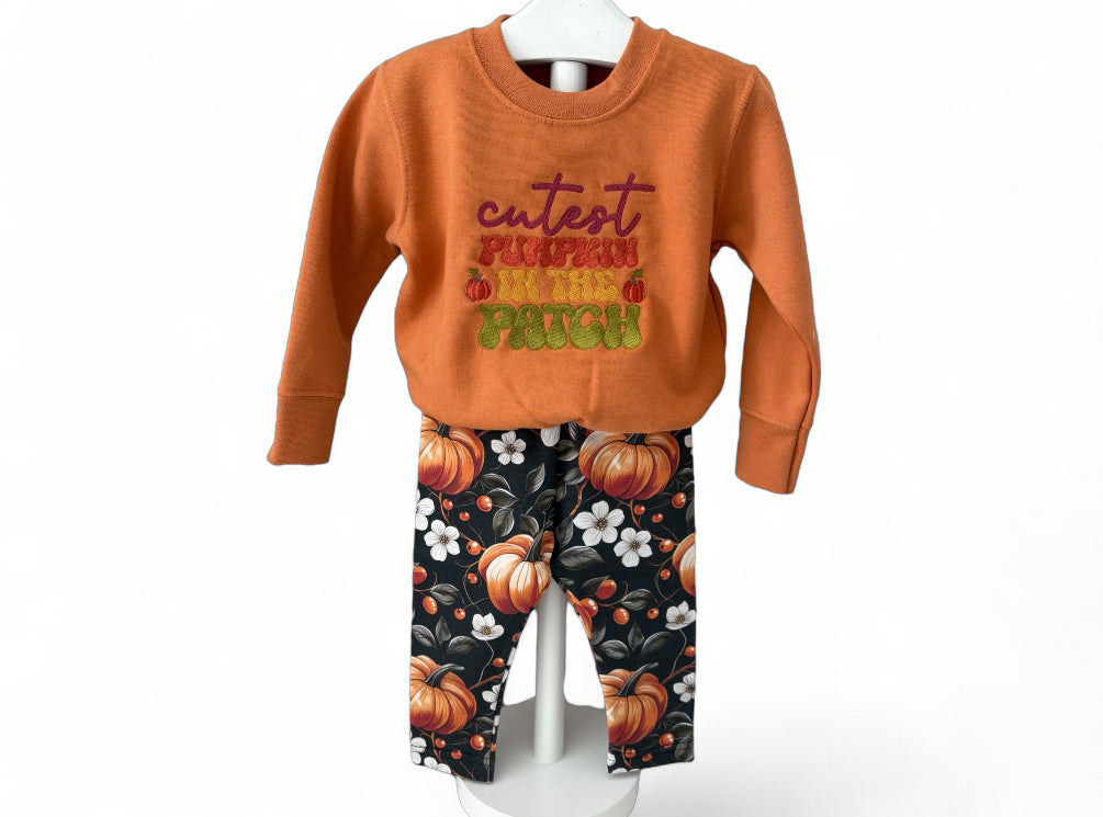6-9 Months Pumpkin Flowers Print French Terry Classic Leggings (Ready To Post)