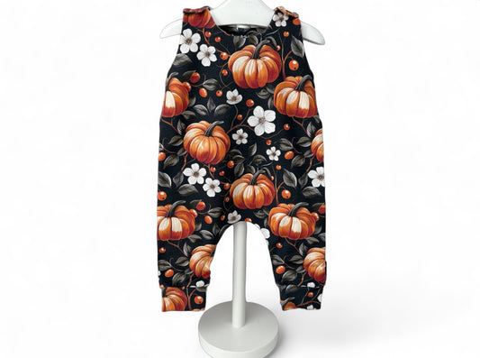 3-6 Months | Pumpkin & Flowers | Handmade French Terry Playful Romper | READY TO POST