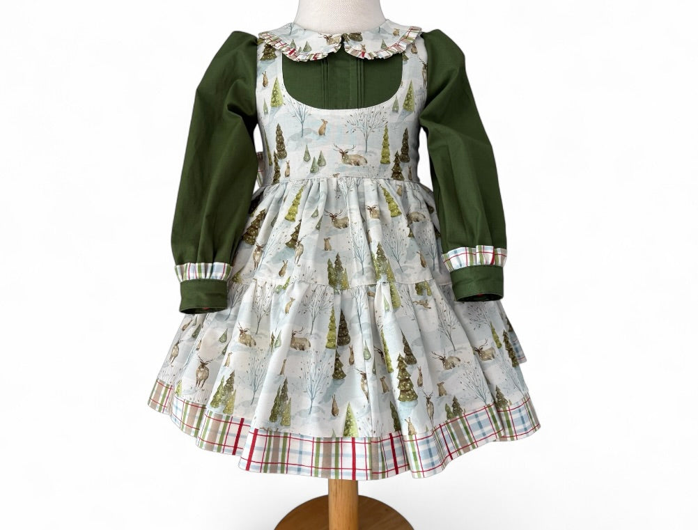 Festive toddler dress with Peter Pan collar and plaid hem, handmade in 100% cotton