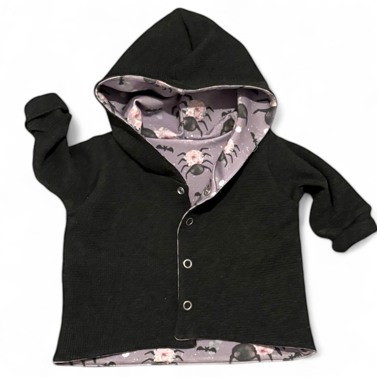 Floral Spiders Print & Waffle Knit Hooded Cardigan