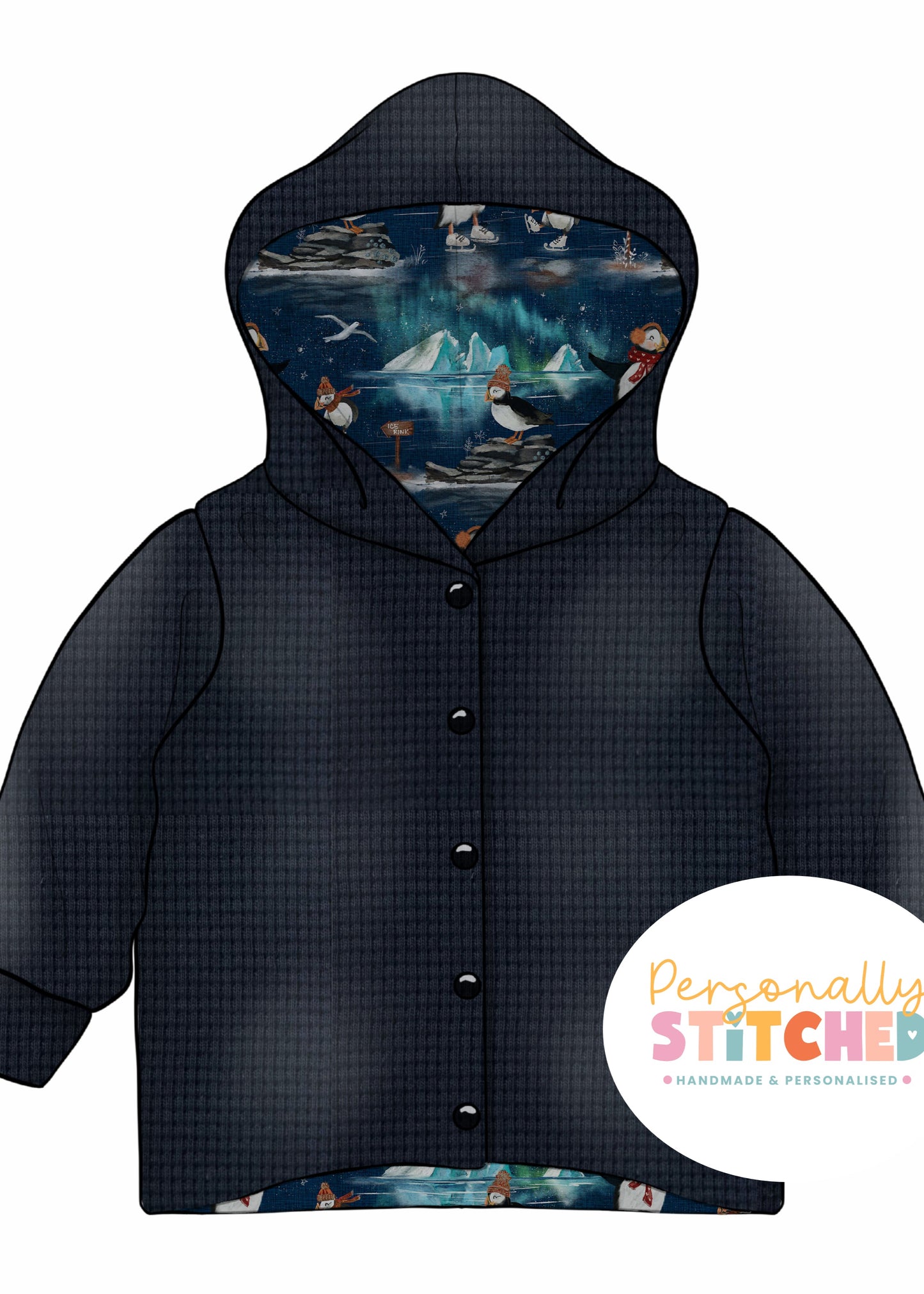 Ice Skating Puffins & Waffle Knit Hooded Cardigan (Handmade To Order)