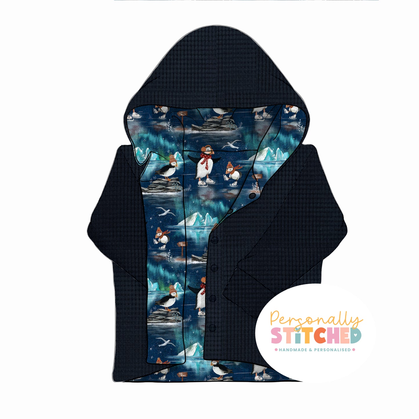 Ice Skating Puffins & Waffle Knit Hooded Cardigan (Handmade To Order)