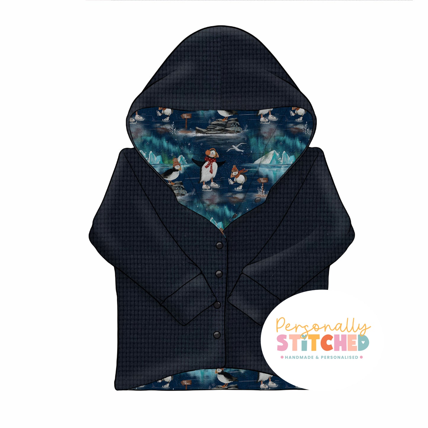 Ice Skating Puffins & Waffle Knit Hooded Cardigan (Handmade To Order)