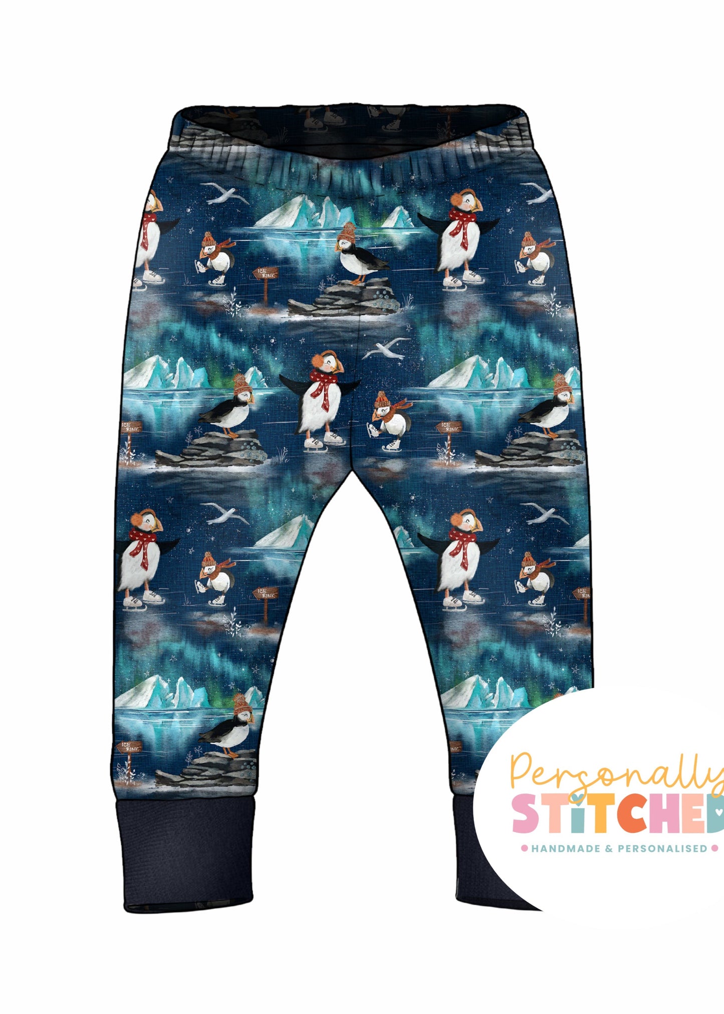 Children's leggings with ice skating puffins pattern