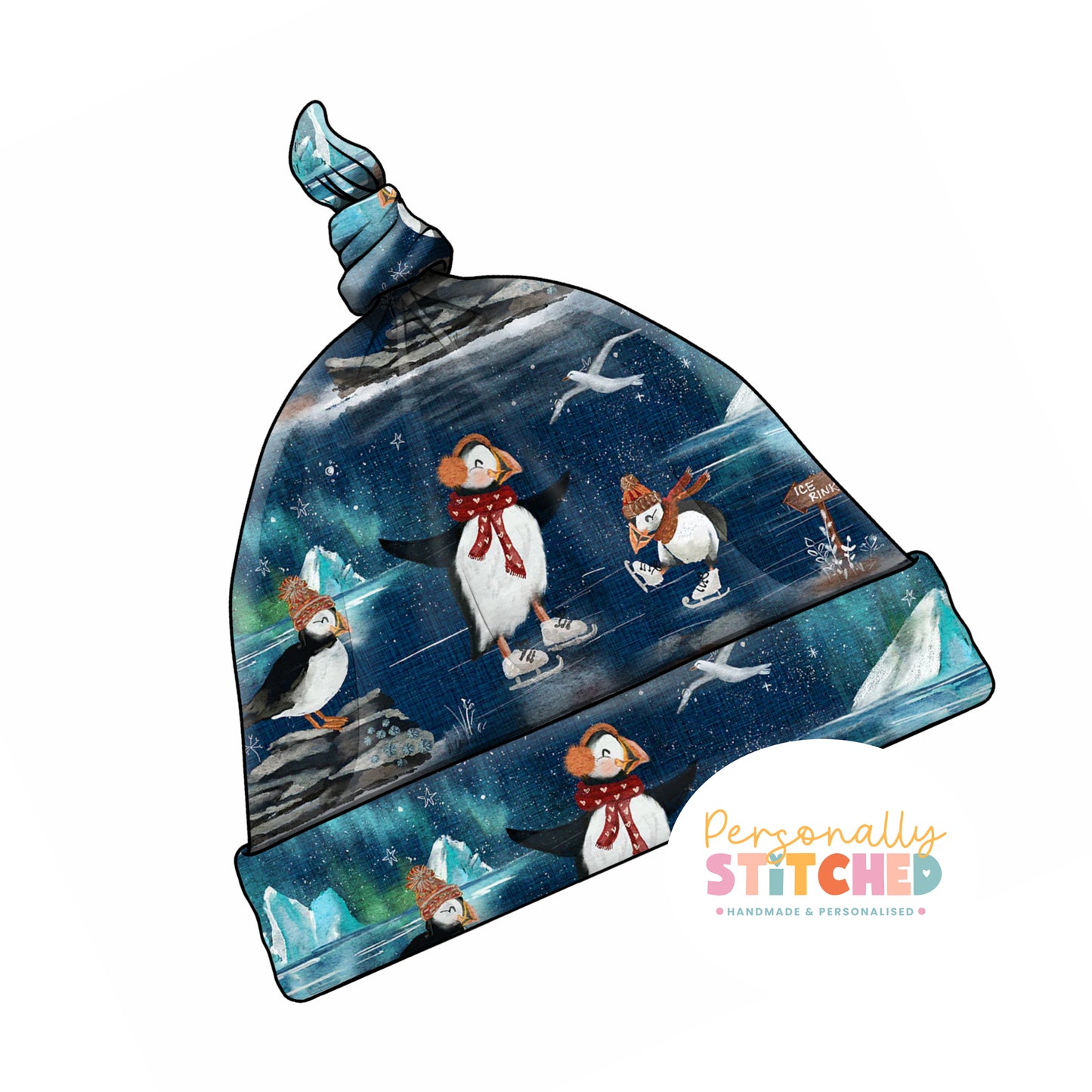 Ice Skating Puffins Handmade Tie Knot Baby Hat