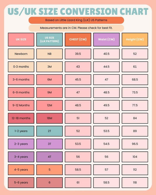 US/UK size conversion chart for children's clothing measurements.