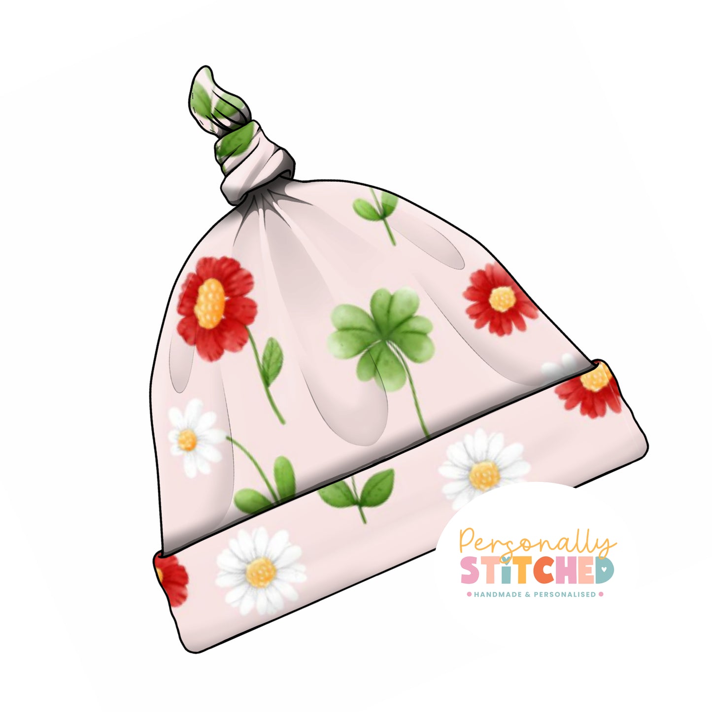 Ladybird Flowers Print Handmade Tie Knot Baby Hat