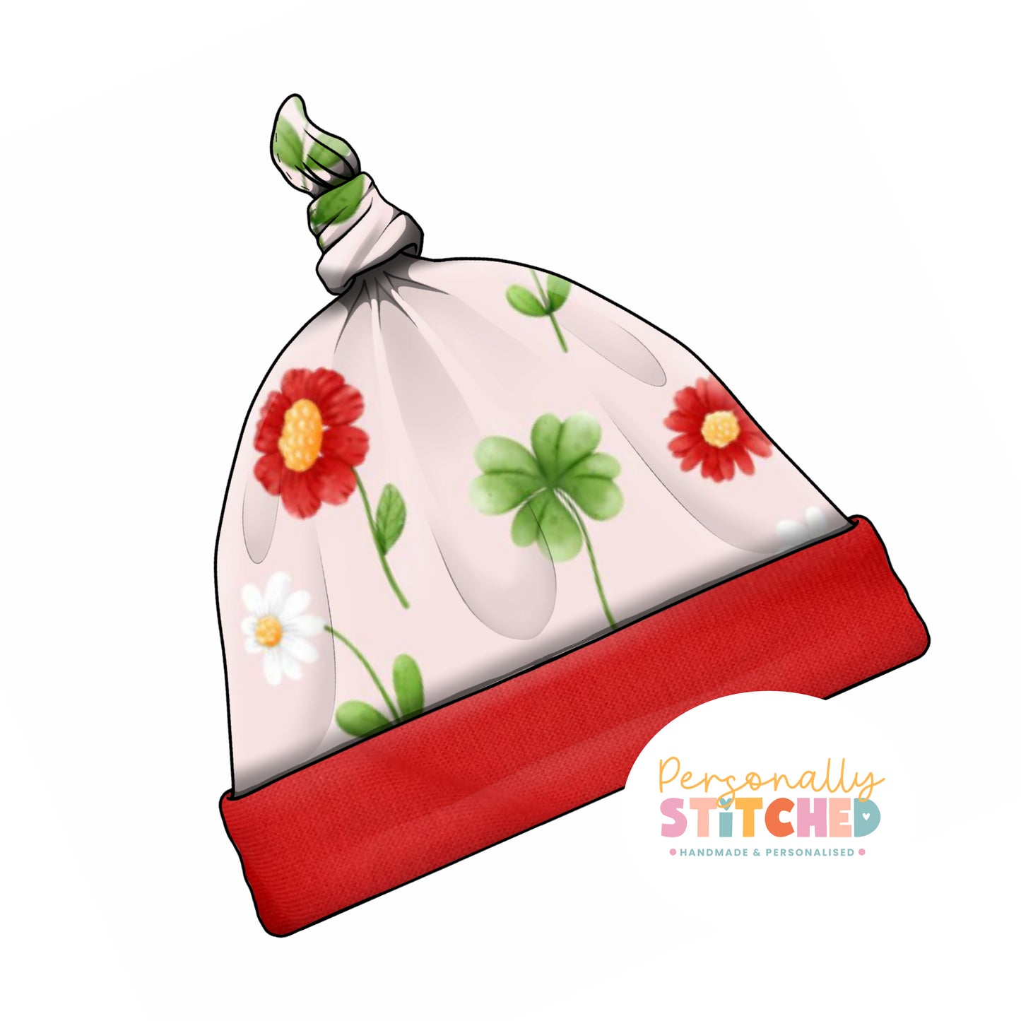 Ladybird Flowers Print Handmade Tie Knot Baby Hat