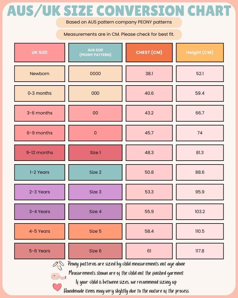 AUS/UK size conversion chart for children's clothing based on PEONY patterns.