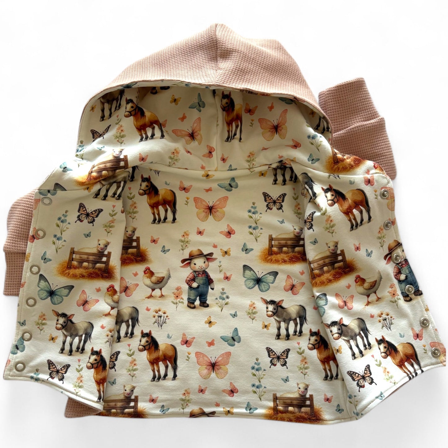 On The Farm Print & Waffle Knit Hooded Cardigan (Handmade To Order)