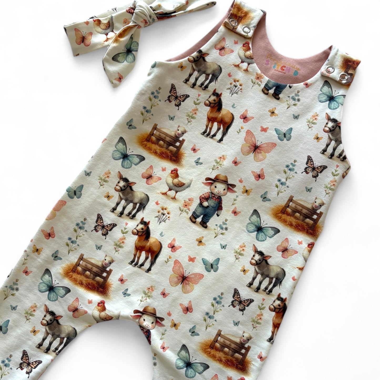 On The Farm Print Organic Cotton Jersey Dungaree Romper