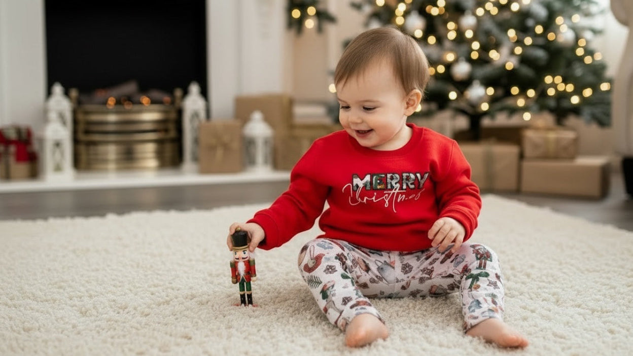 Child in a red 'Merry Christmas' sweater playing with a toy in a festive living room.