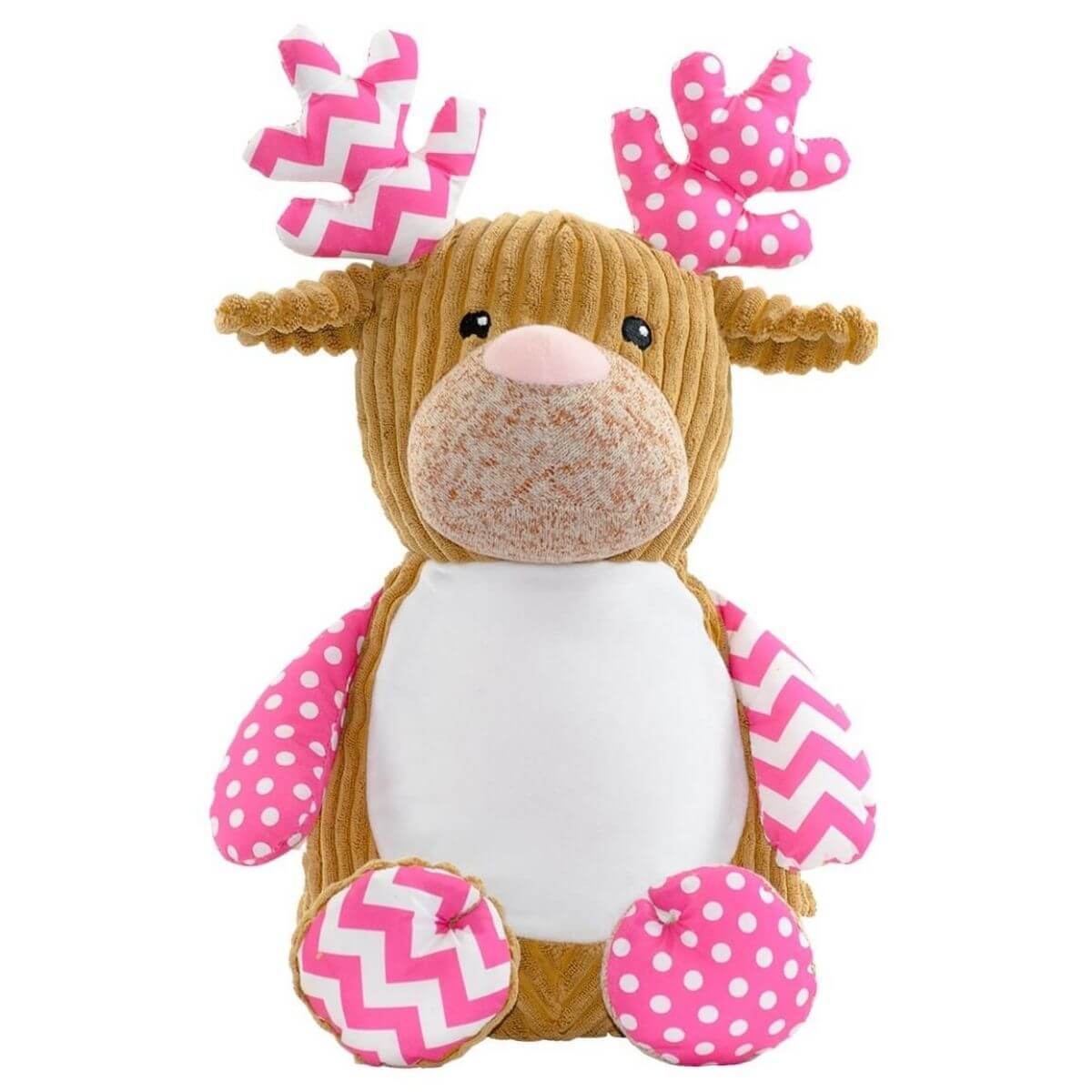 Pink harlequin patchwork reindeer soft toy with embroidered personalised name
