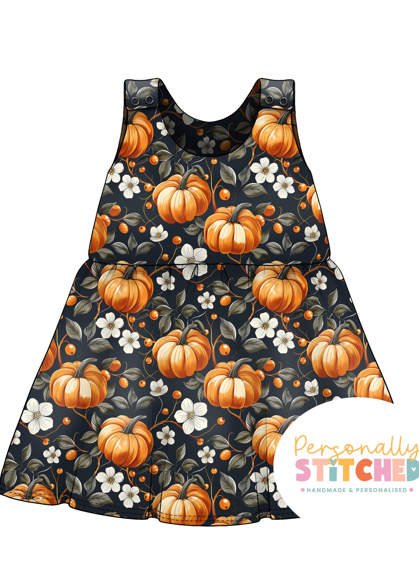 Pumpkin & Flowers Print French Terry Blossom Dress (Handmade To Order)