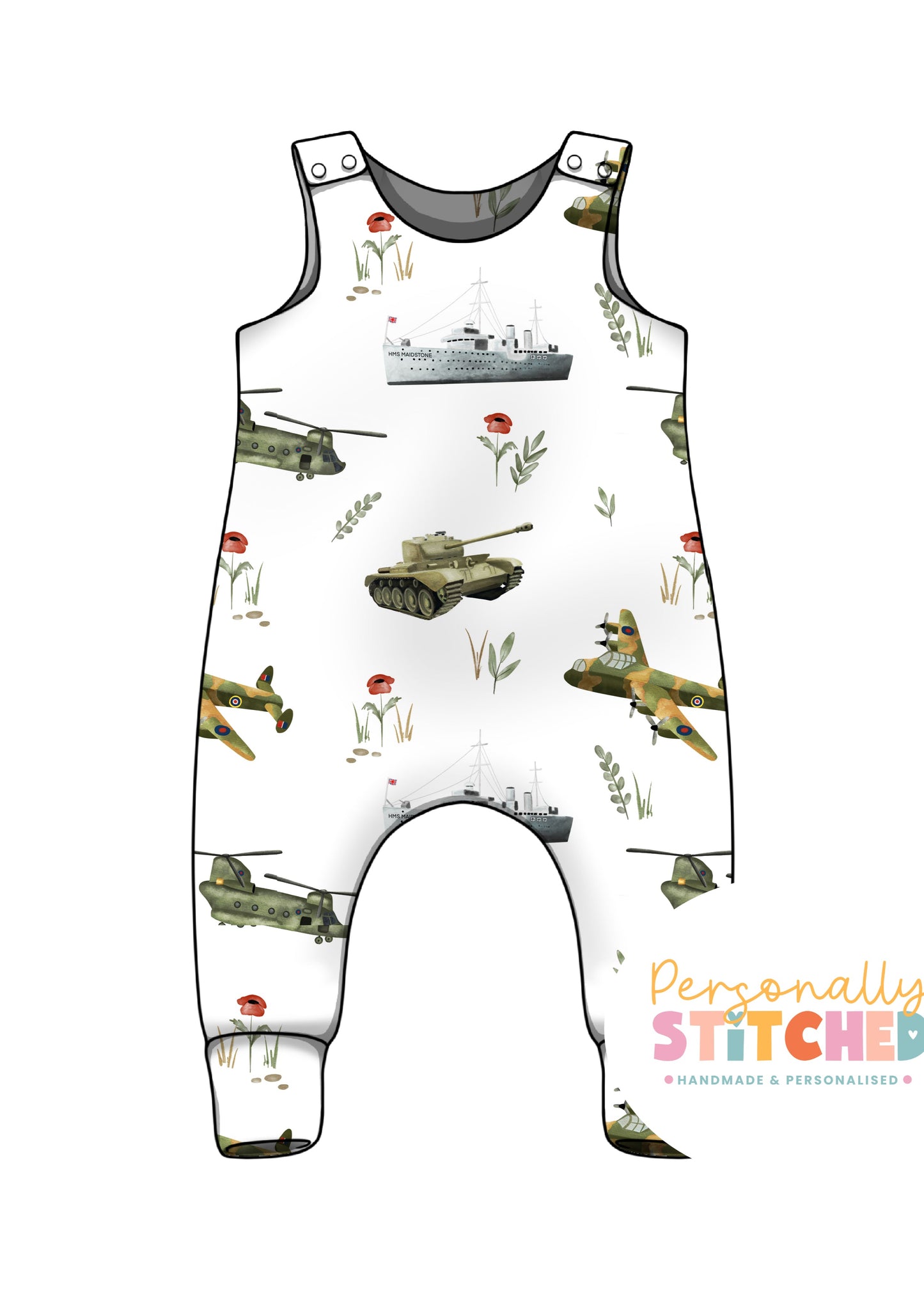 Vintage Military Print French Terry Romper (Handmade To Order)