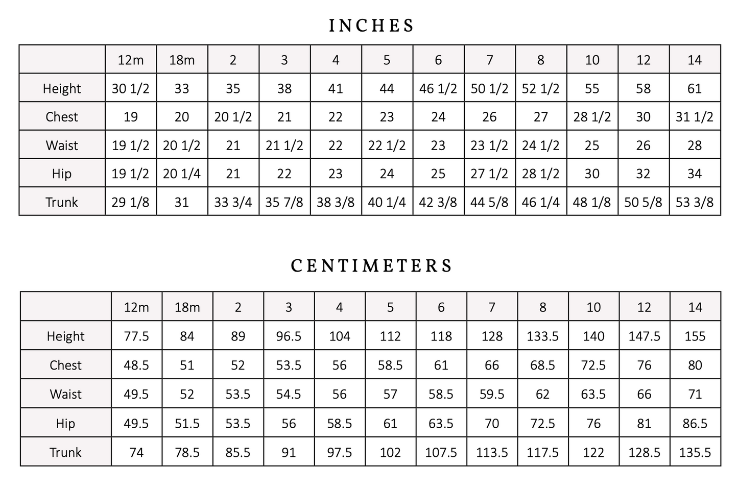 Measurement chart comparing inches and centimeters for height, chest, waist, hip, and trunk.
