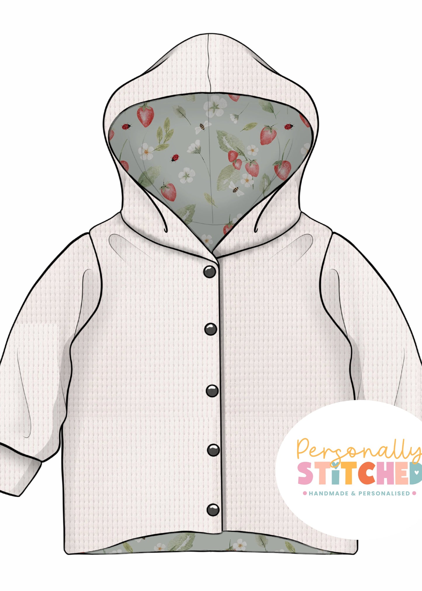 Strawberry Meadow Print & White Waffle Knit Hooded Cardigan