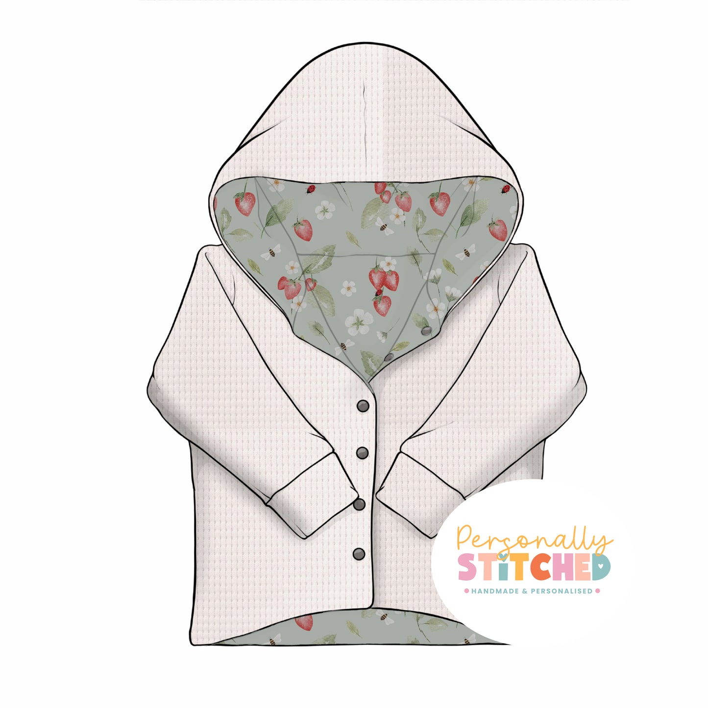 Strawberry Meadow Print & White Waffle Knit Hooded Cardigan