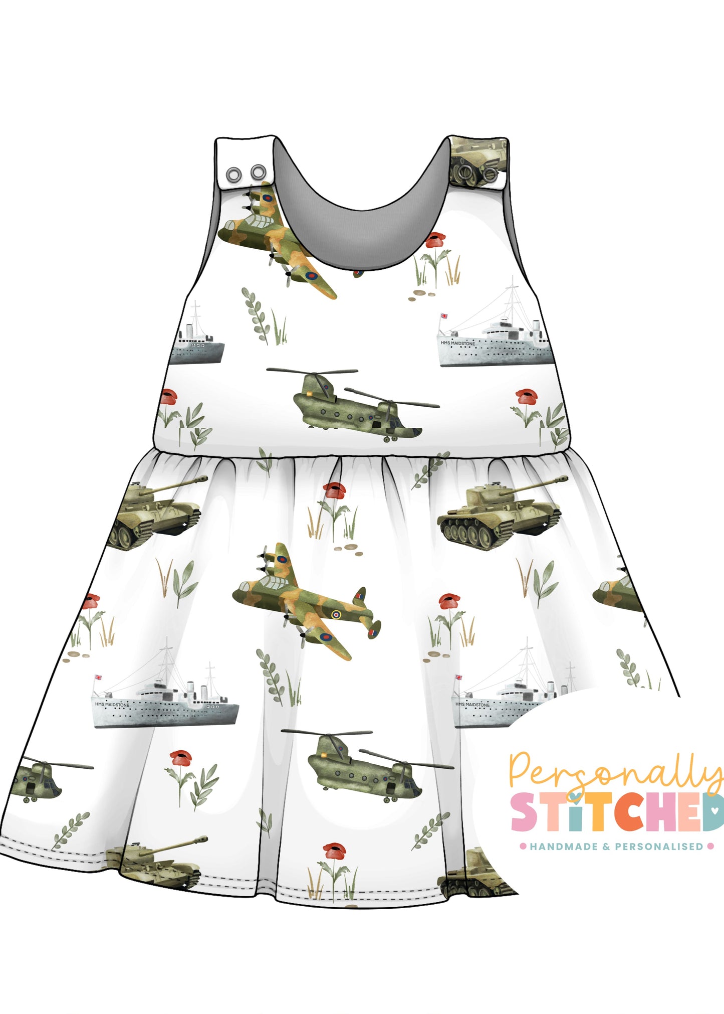 Vintage Military Print French Terry Blossom Dress (Handmade To Order)