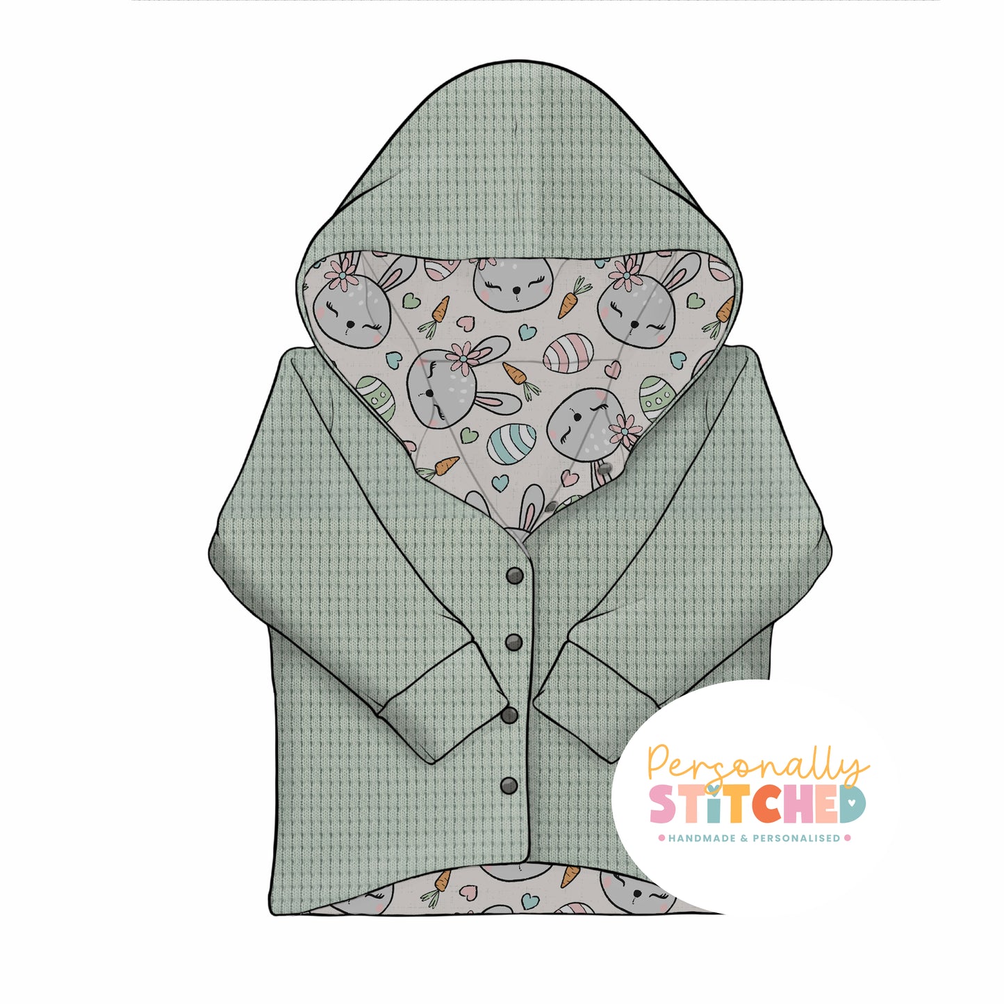 MISS Bunny Print Waffle Knit Hooded Cardigan